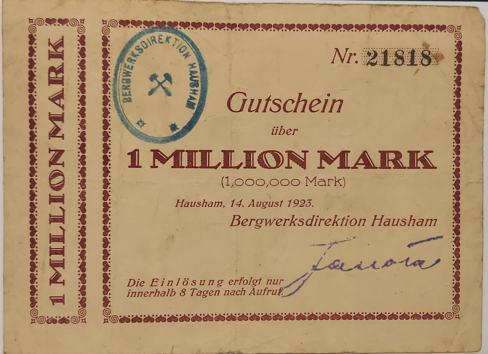 Аверс банкноты 1000000 марок Hausham; Bergwerksdirektion (Германия) 1923 года