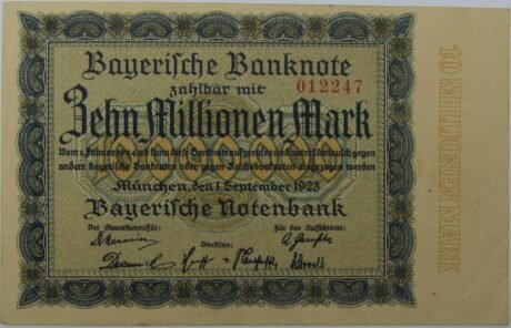 Аверс банкноты 10000000 marek Bayerische Notenbank (Niemcy) z 1923 r.