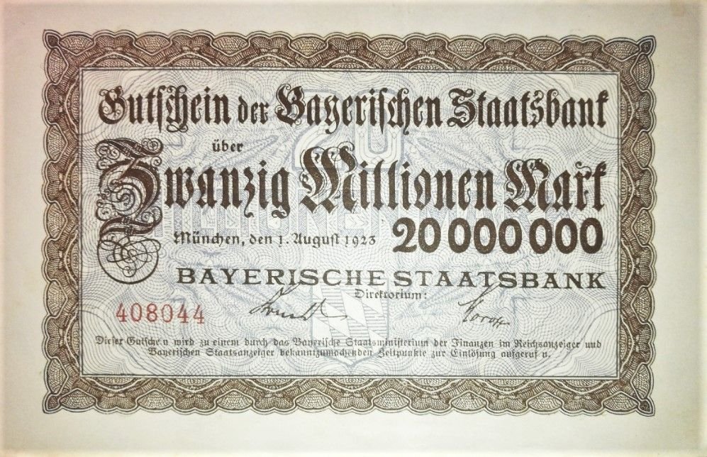 Аверс банкноты 20000000 марок Bayerische Staatsbank (Германия) 1923 года