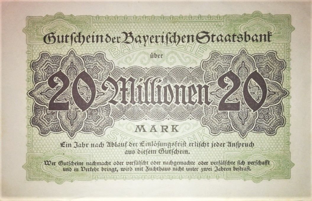 Реверс банкноты 20000000 марок Bayerische Staatsbank (Германия) 1923 года