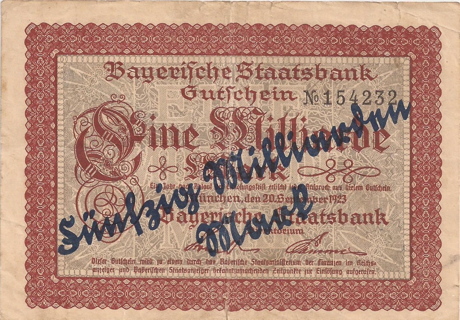 Аверс банкноты 50000000000 марок Bayerische Staatsbank, overprint on 1000000000 марок (Германия) 1923 года