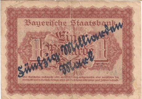 Реверс банкноты 50000000000 marek Bayerische Staatsbank, nadruk na 100000000 marek (Niemcy) 1923