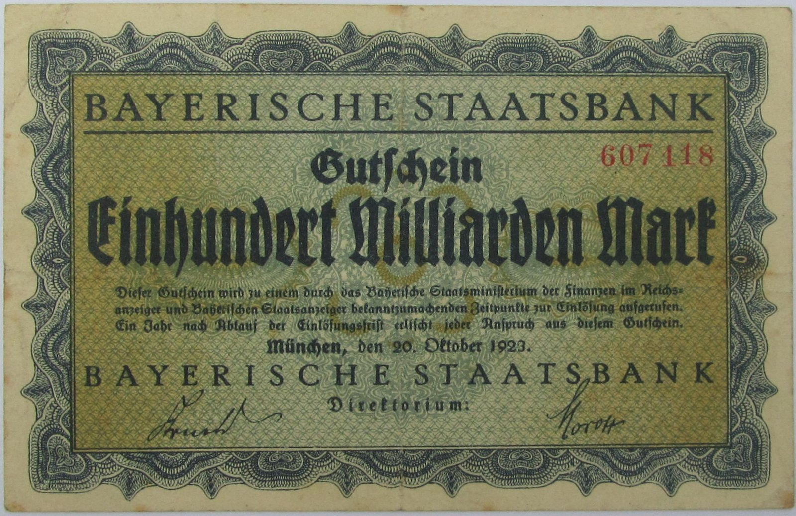 Аверс банкноты 100000000000 марок Bayerische Staatsbank (Германия) 1923 года