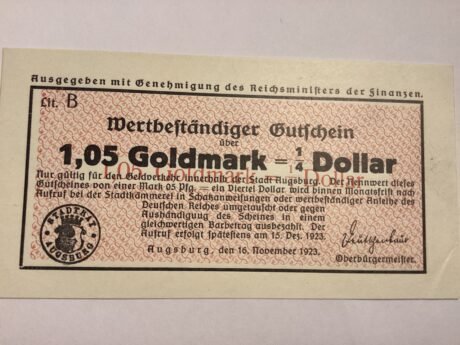 Аверс банкноты 1.05 Goldmark/¼ Dollar (Германия) 1923 года