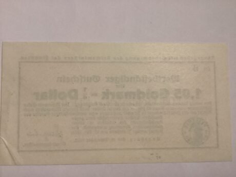 Реверс банкноты 1.05 Goldmark/¼ Dollar (Германия) 1923 года