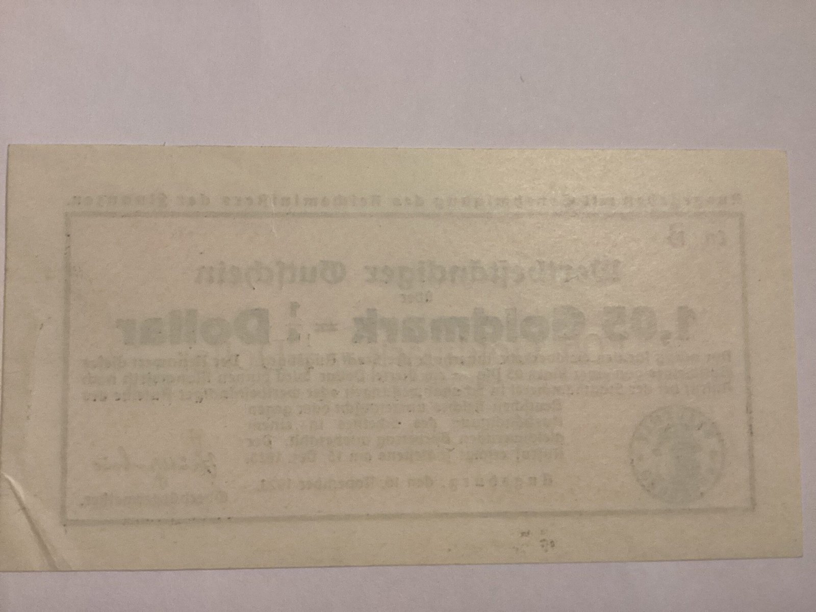 Реверс банкноты 1.05 Goldmark/¼ Dollar (Германия) 1923 года