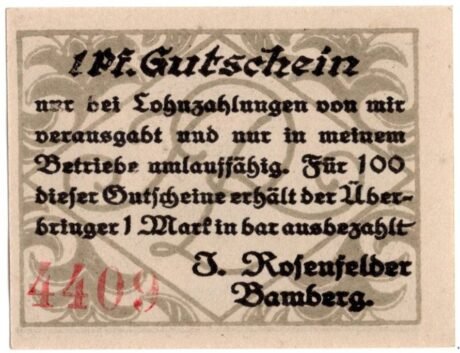 Реверс банкноты 1 fenig J. Rosenfelder (Niemcy) 1920