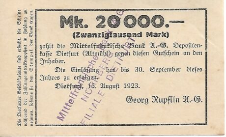 Аверс банкноты 20000 marek Georga Rupflina (Niemcy) 1923