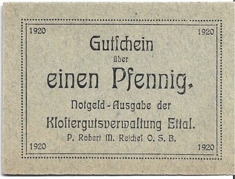 Аверс банкноты 1 пфеннигов Klostergutsverwaltung Ettal (Германия) 1920 года
