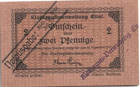 Аверс банкноты 2 fenigów Klostergutsverwaltung Ettal (Niemcy)