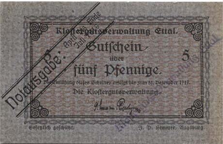 Аверс банкноты 5 пфеннигов Klostergutsverwaltung Ettal (Германия)