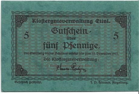 Аверс банкноты 5 пфеннигов Klostergutsverwaltung Ettal (Германия)