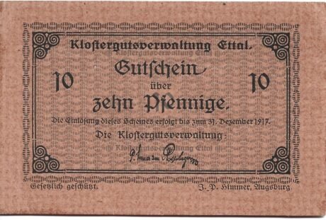 Аверс банкноты 10 fenigów Klostergutsverwaltung Ettal (Niemcy)