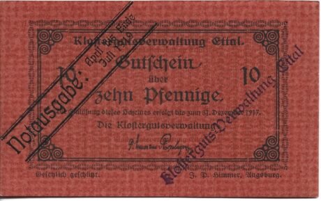 Аверс банкноты 10 fenigów Klostergutsverwaltung Ettal (Niemcy)