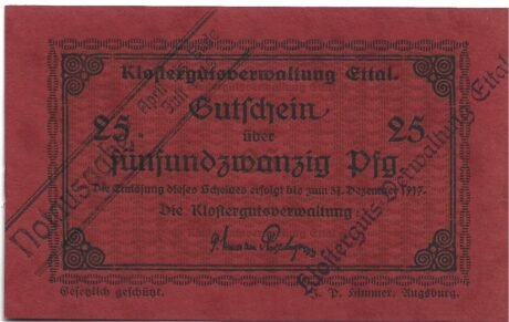 Аверс банкноты 25 fenigów Klostergutsverwaltung Ettal (Niemcy) 1919