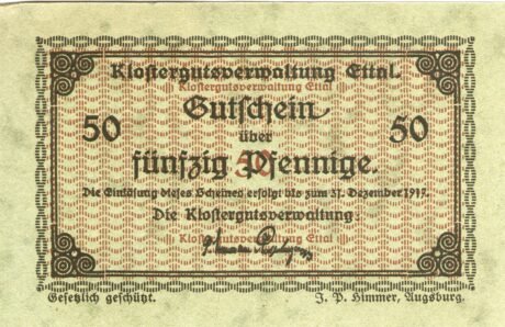 Аверс банкноты 50 пфеннигов Klostergutsverwaltung Ettal (Германия)