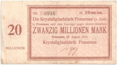 Аверс банкноты 20000000 марок Krystallglasfabrik (Германия) 1923 года