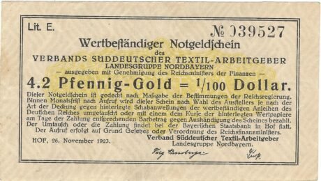 Аверс банкноты 4.2 пфеннигов Gold / 1⁄100 US-Dollar Verband Süddeutscher Textilarbeitgeber - Landesgruppe Nordbayern (Германия) 1923 года