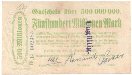Аверс банкноты 500 000 000 marek Bezirkssparkasse (Niemcy) 1923