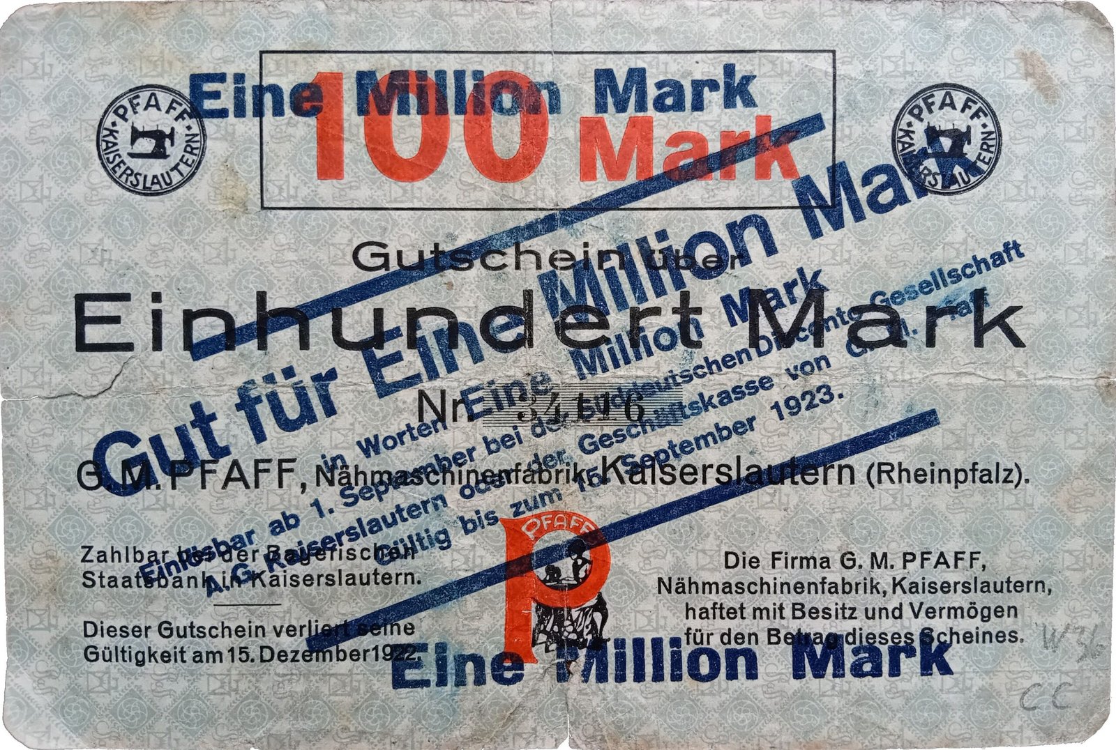 Аверс банкноты 1000000 марок G. M. Pfaff Nähmaschinenfabrik; countermark on 100 марок (Германия)