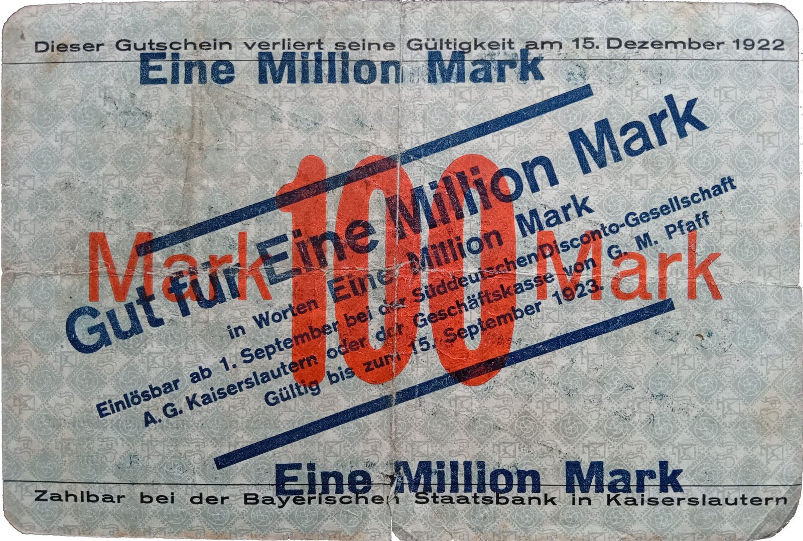 Реверс банкноты 1000000 марок G. M. Pfaff Nähmaschinenfabrik; countermark on 100 марок (Германия)