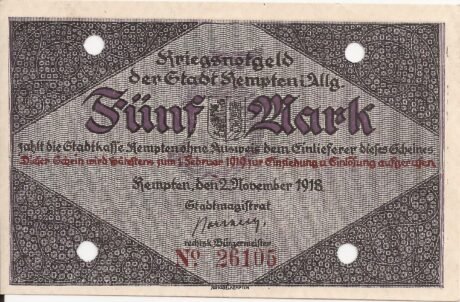 Аверс банкноты 5 marek (Niemcy) 1918