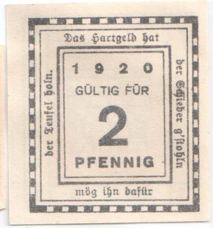 Аверс банкноты 2 fenigi (Niemcy) 1920