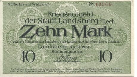 Аверс банкноты 10 marek (Niemcy) 1919