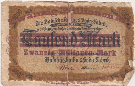 Аверс банкноты 20000000 marek Badische Anilin- and Soda-Fabrik/BASF; nadruk na 1000 marek (Niemcy) z 1922 r.