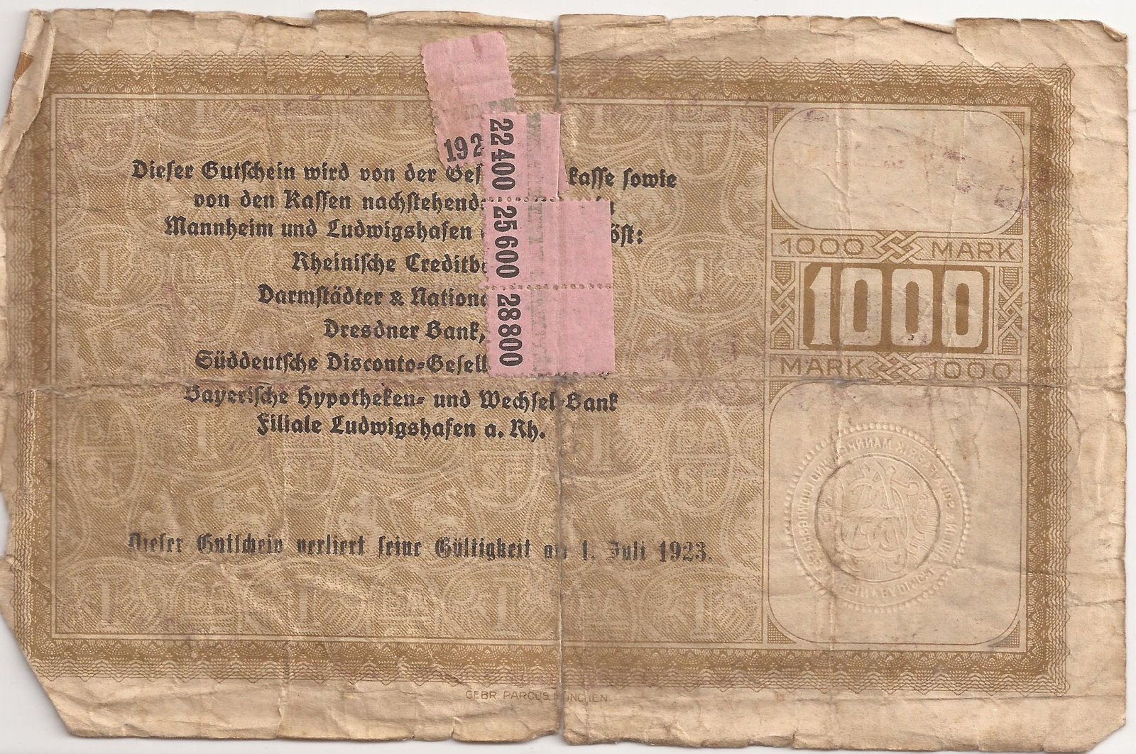 Реверс банкноты 20000000 марок Badische Anilin- and Soda-Fabrik/BASF; overprint on 1000 марок (Германия) 1922 года