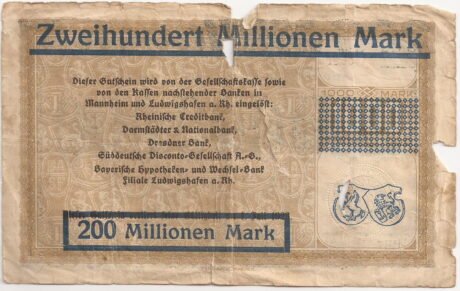 Реверс банкноты 200 000 000 marek Badische Anilin- i Soda-Fabrik/BASF; nadruk na 1000 marek (Niemcy) 1922