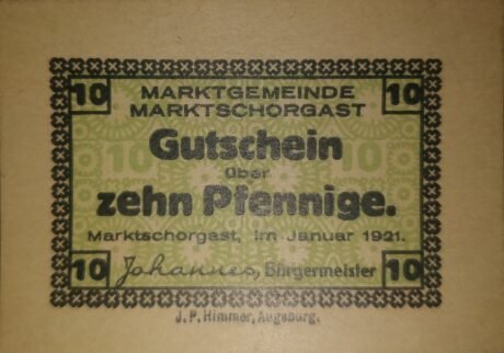 Аверс банкноты 10 fenigów (Niemcy) 1921