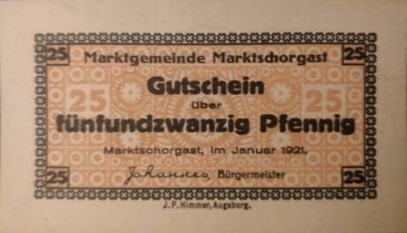 Аверс банкноты 25 fenigów (Niemcy) 1921