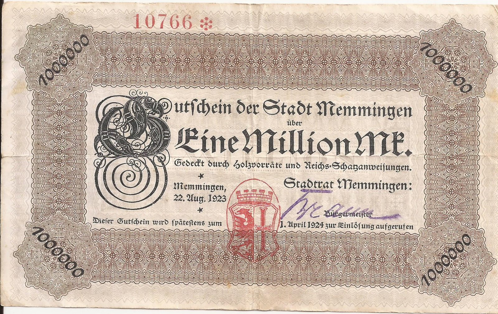 Аверс банкноты 1000000 марок (Германия) 1923 года