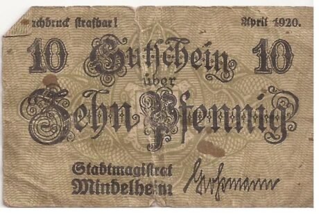 Аверс банкноты 10 fenigów (Niemcy) 1918