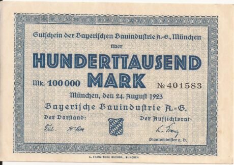 Аверс банкноты 100000 marek Bayerische Bauindustrie AG (Niemcy) 1923