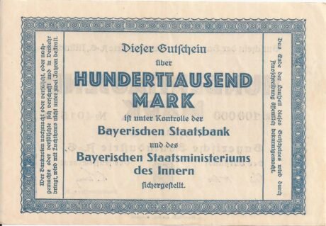 Реверс банкноты 100000 marek Bayerische Bauindustrie AG (Niemcy) 1923