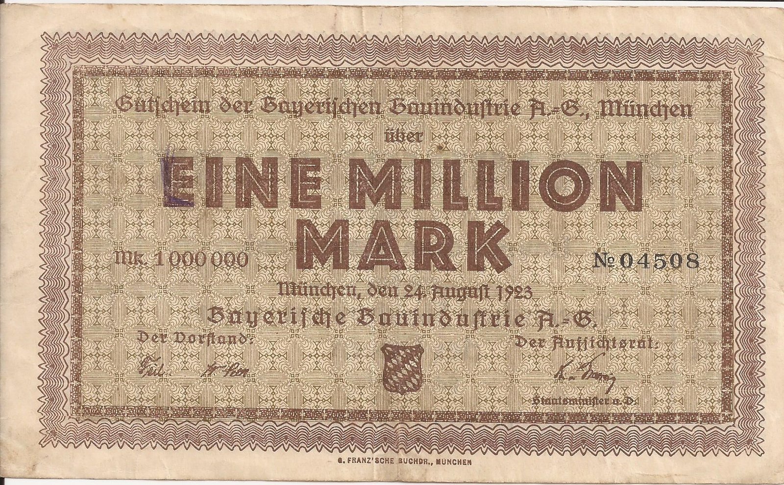 Аверс банкноты 1000000 марок Bayerische Bauindustrie A.G. (Германия) 1923 года