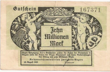 Аверс банкноты 10000000 marek Reichsbahn w Bayern (Niemcy) 1923