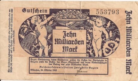 Аверс банкноты 10000000000 марок Reichsbahn in Bayern (Германия) 1923 года