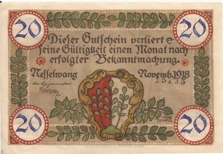 Аверс банкноты 20 fenigów (Niemcy) 1918