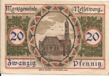 Реверс банкноты 20 fenigów (Niemcy) 1918