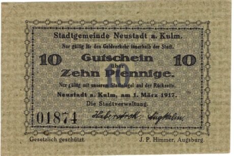 Аверс банкноты 10 fenigów (Niemcy) 1917