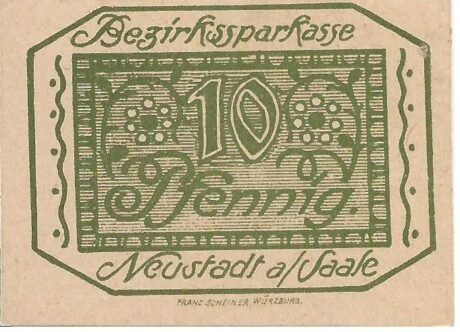 Аверс банкноты 10 fenigów Bezirkssparkasse (Niemcy)