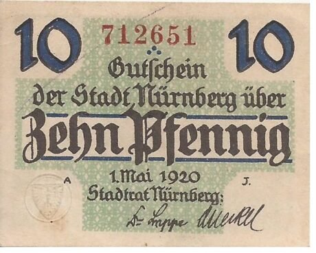 Аверс банкноты 10 fenigów (Niemcy) 1920