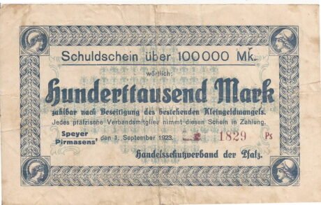 Аверс банкноты 100000 marek Handelsschutzverband der Pfalz (Niemcy) 1923