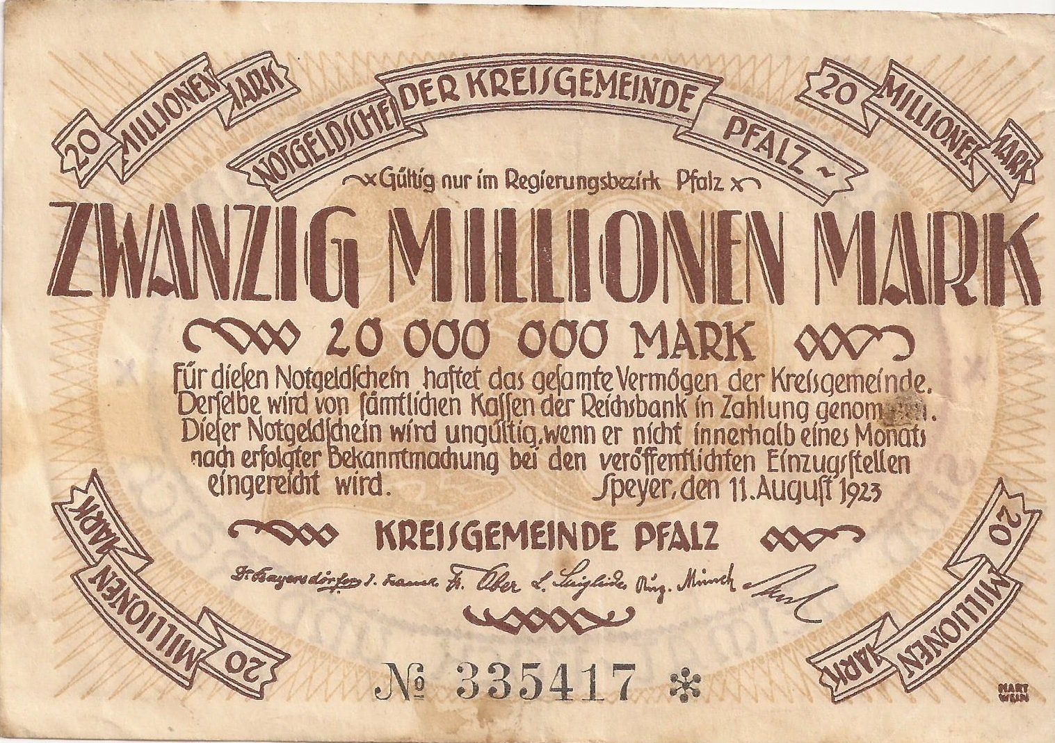 Аверс банкноты 20000000 марок (Германия) 1923 года