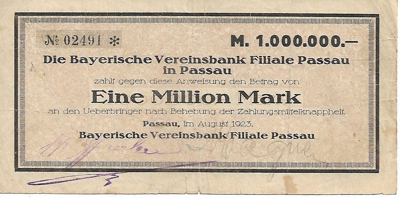 Аверс банкноты 1000000 марок Bayerische Vereinsbank (Германия) 1923 года