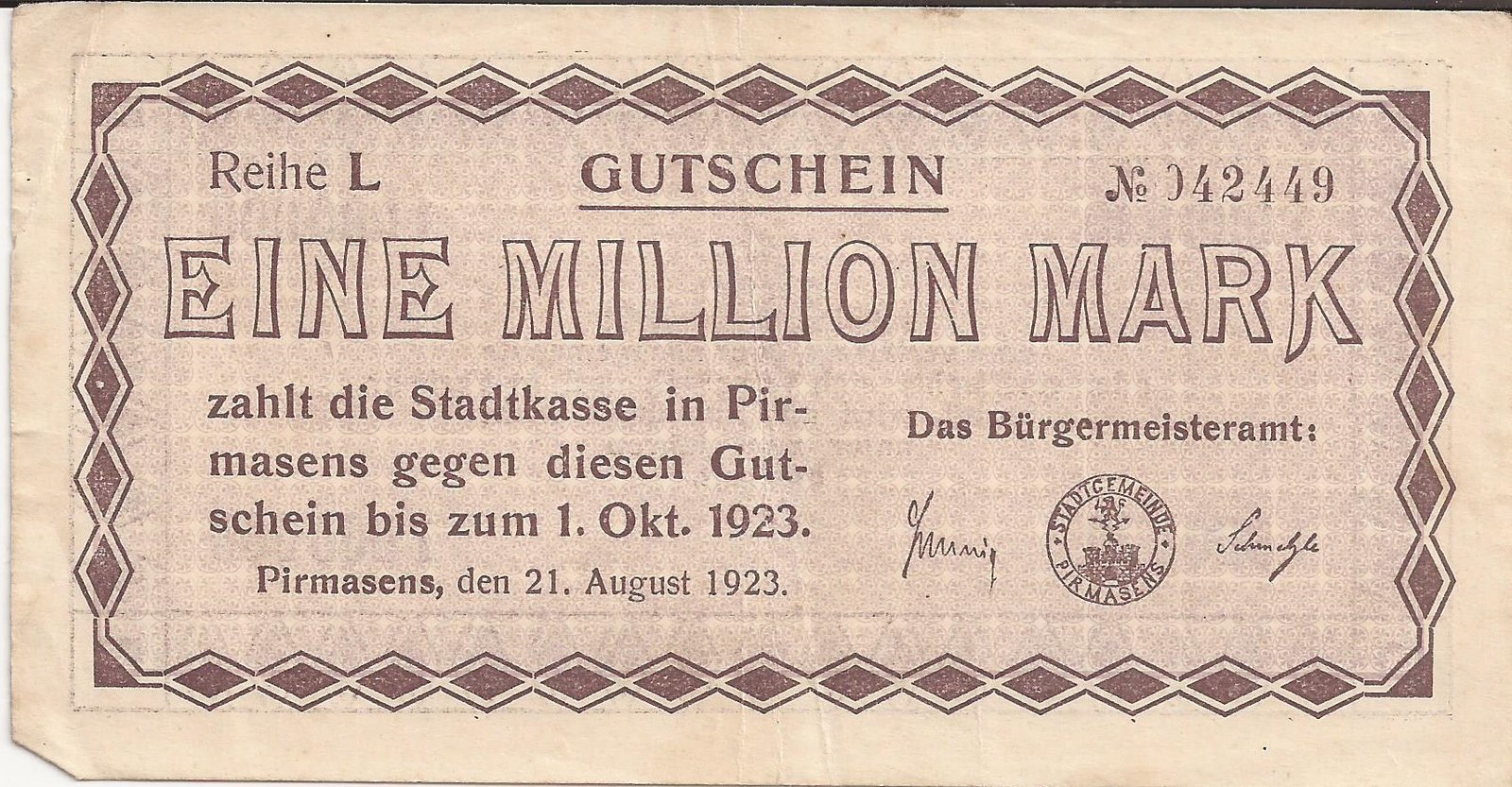 Аверс банкноты 1000000 марок (Германия) 1923 года