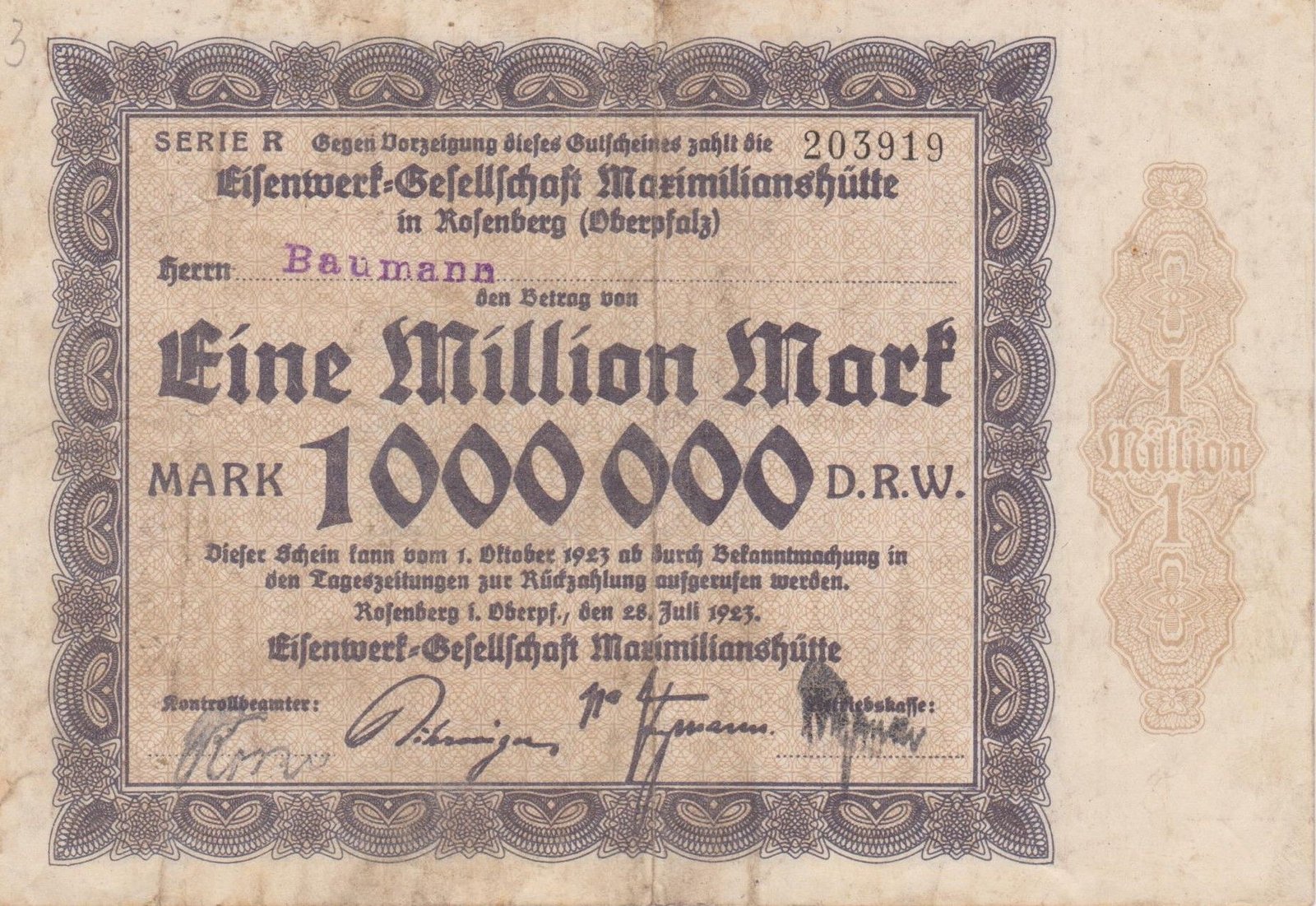 Аверс банкноты 1000000 марок Maximilianshütte (Германия) 1923 года